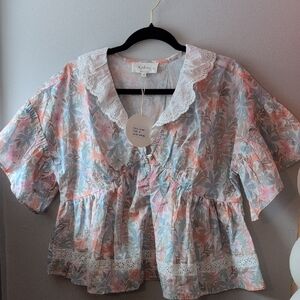 Floral Lace-Trim Peplum Blouse - Pastel Multi